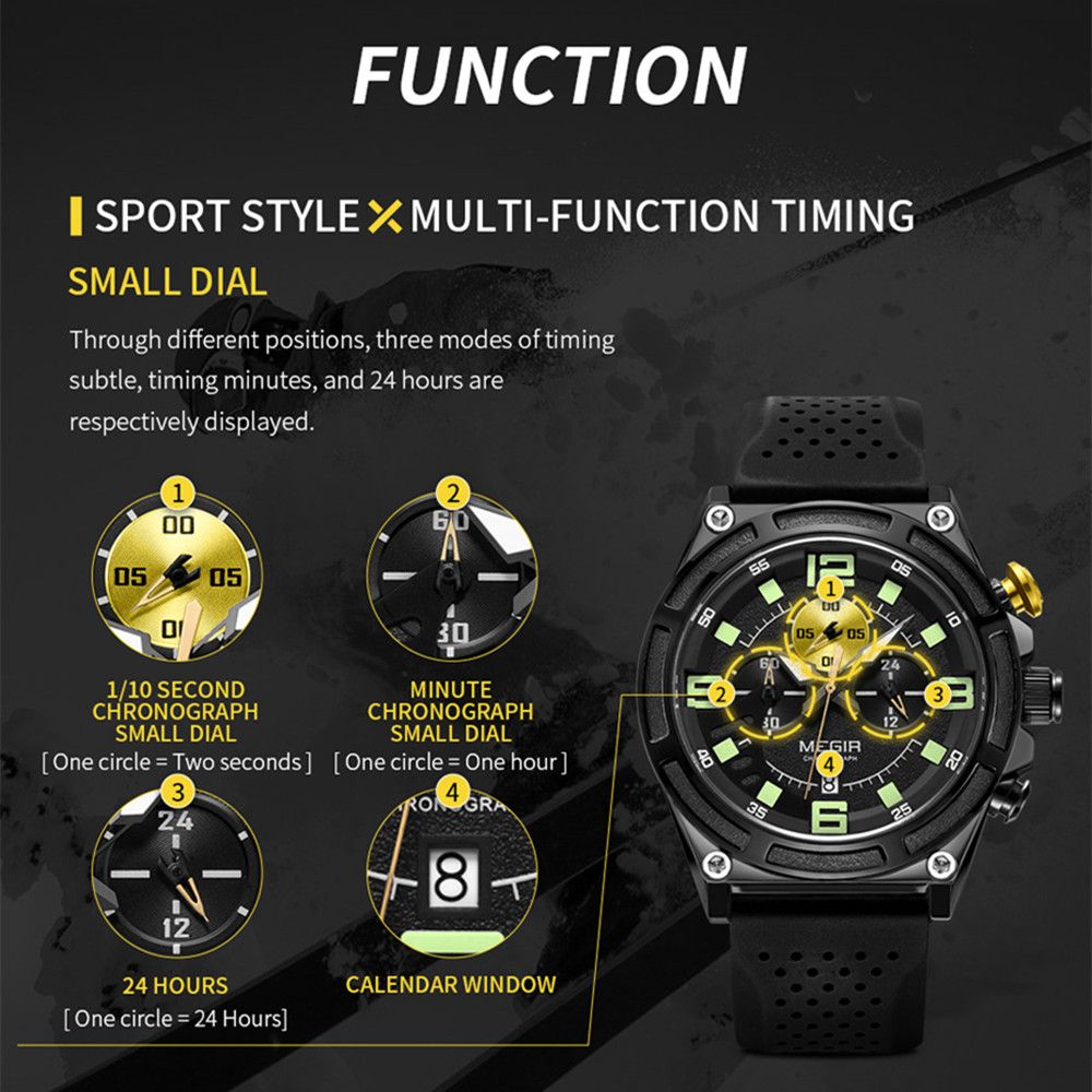MEGIR 2116 men's chronograph watch feature graphic explaining the 1/10-second, minute and 24-hour sub-dials