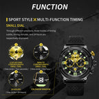 MEGIR 2116 men's chronograph watch feature graphic explaining the 1/10-second, minute and 24-hour sub-dials
