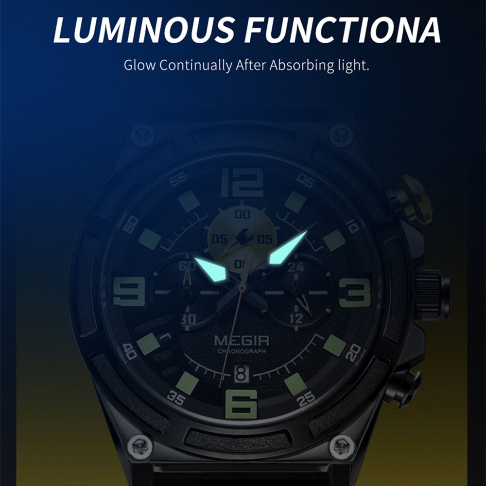 MEGIR 2116 men's chronograph watch feature graphic showing luminous hands and markers glowing in the dark