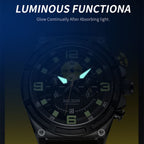MEGIR 2116 men's chronograph watch feature graphic showing luminous hands and markers glowing in the dark