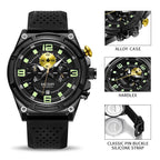 MEGIR 2116 men's chronograph watch feature graphic labelling the case, glass and silicone strap