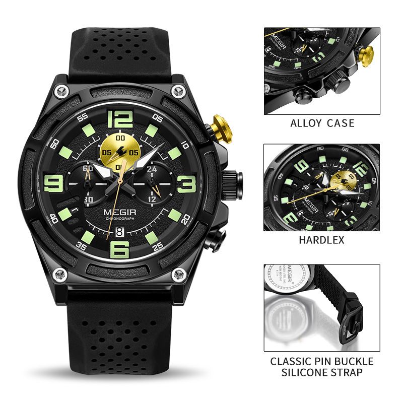 MEGIR 2116 men's chronograph watch feature graphic labelling the case, glass and silicone strap