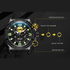 MEGIR 2116 men's chronograph watch operation graphic showing the start, calendar and reset buttons and crown