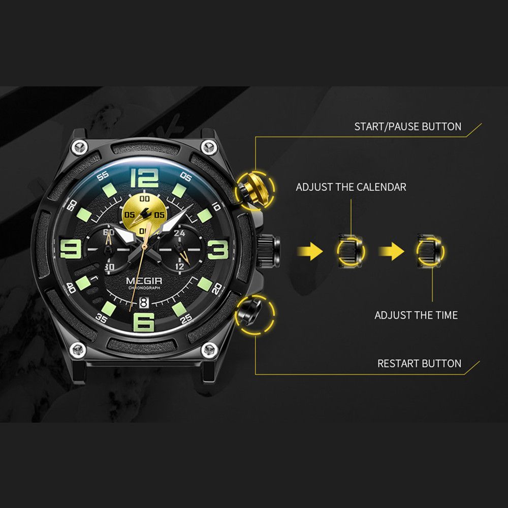MEGIR 2116 men's chronograph watch operation graphic showing the start, calendar and reset buttons and crown