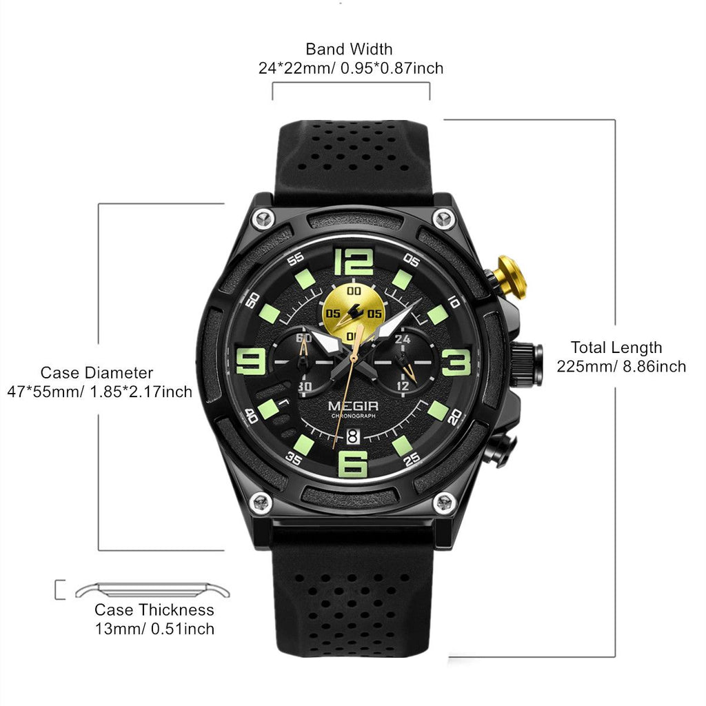 MEGIR 2116 men's chronograph watch parameters graphic with band width, case diameter and thickness