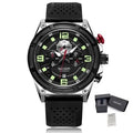MEGIR 2116 men's chronograph watch, silver case with black dial, green numerals and black silicone strap, with gift box