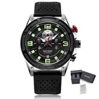 MEGIR 2116 men's chronograph watch, silver case with black dial, green numerals and black silicone strap, with gift box