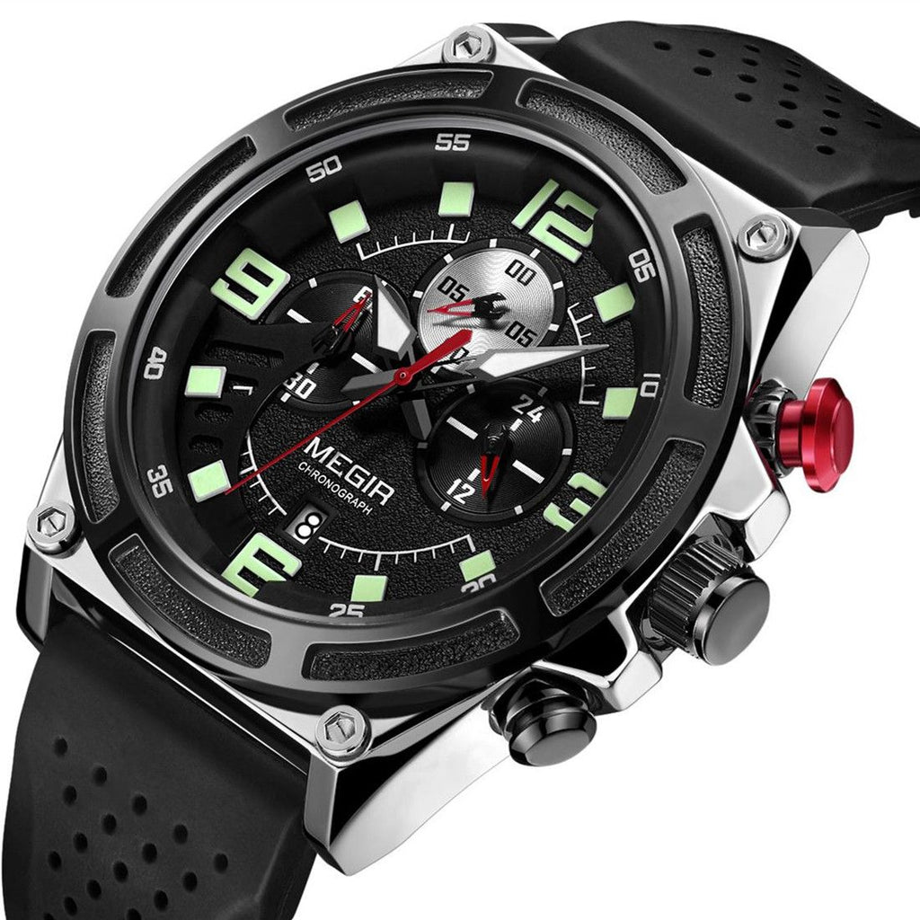 MEGIR 2116 men's chronograph watch, silver case with black dial, green numerals and black silicone strap, front studio view