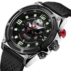 MEGIR 2116 men's chronograph watch, silver case with black dial, green numerals and black silicone strap, front studio view