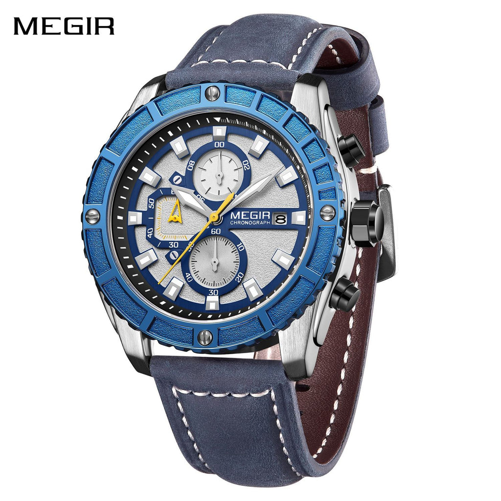 MEGIR 2119 men's chronograph watch, silver case with blue bezel, white dial and blue leather strap, front view