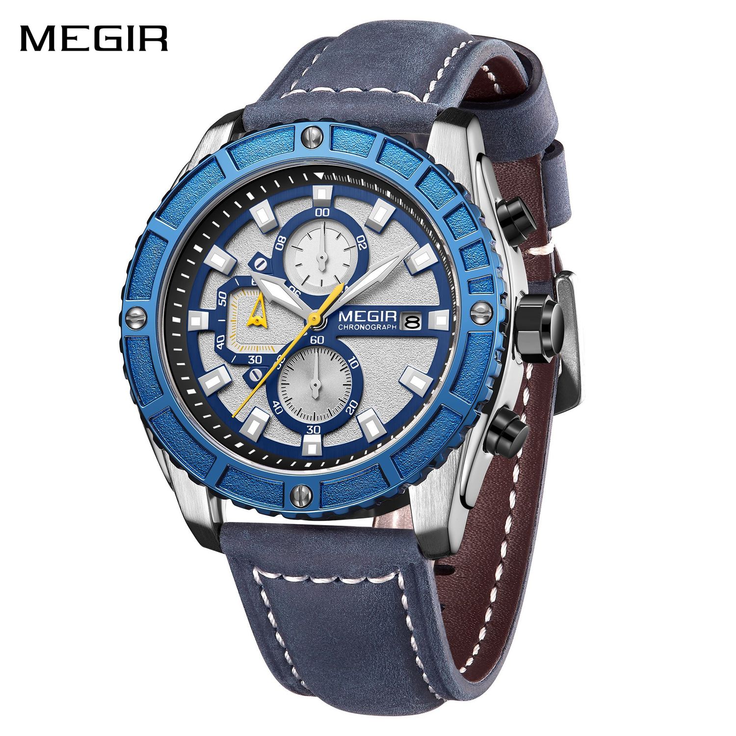 MEGIR 2119 men's chronograph watch, silver case with blue bezel, white dial and blue leather strap, front view