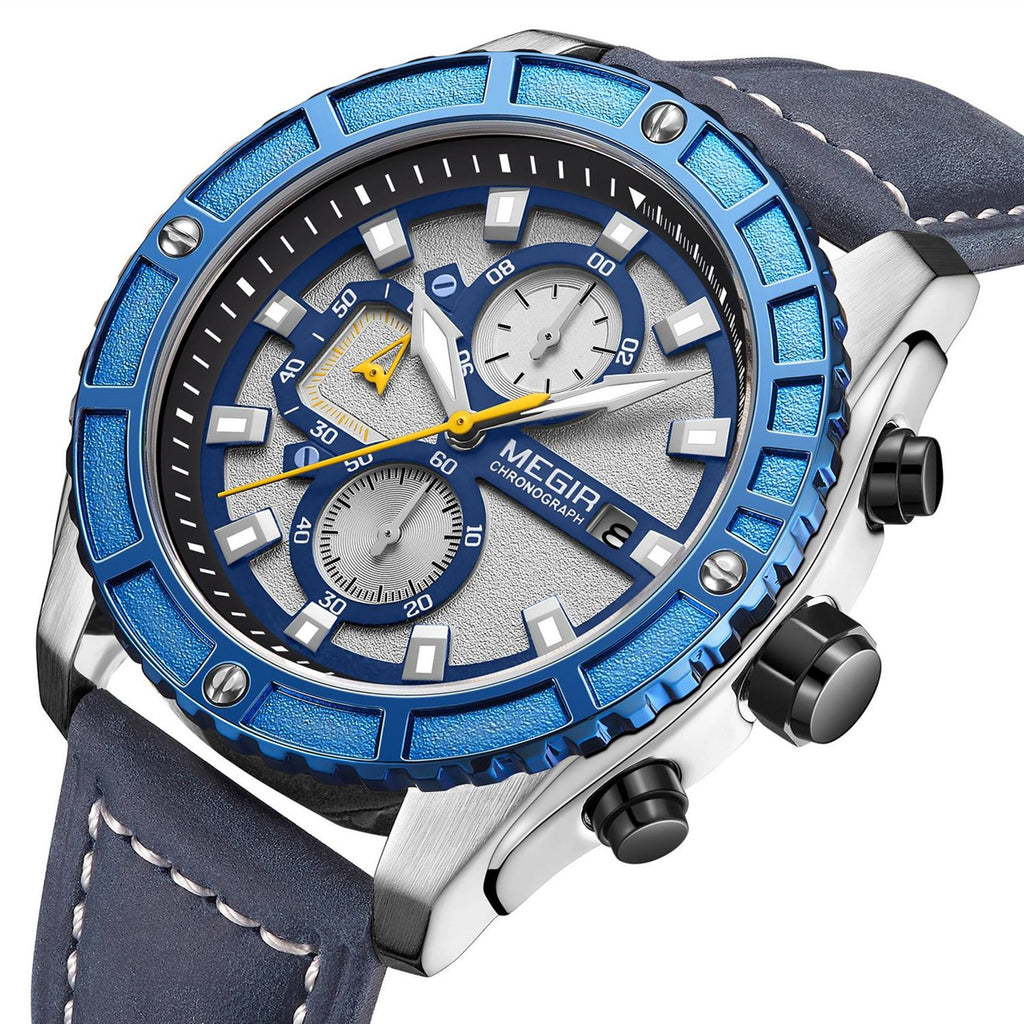 MEGIR 2119 men's chronograph watch, silver case with blue bezel, white dial and blue leather strap, angled view
