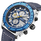 MEGIR 2119 men's chronograph watch, silver case with blue bezel, white dial and blue leather strap, angled view