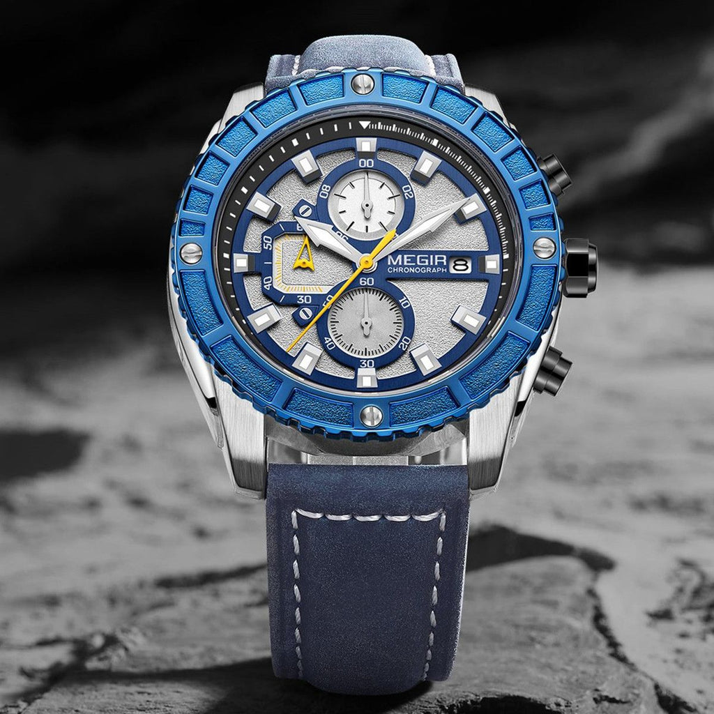 MEGIR 2119 men's chronograph watch, silver case with blue bezel, white dial and blue leather strap, front studio view