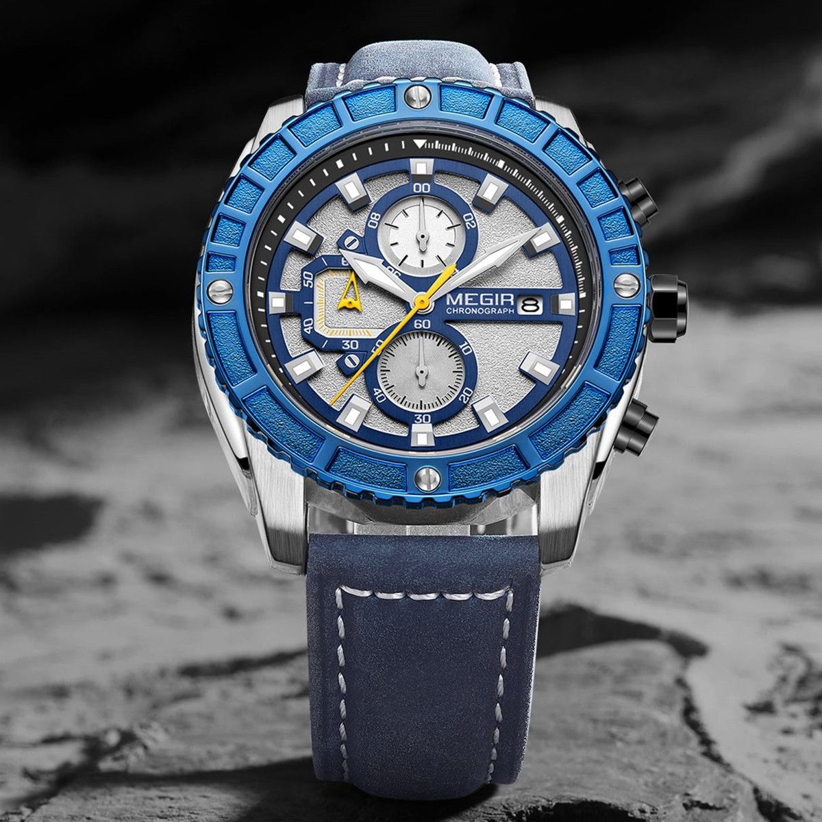 MEGIR 2119 men's chronograph watch, silver case with blue bezel, white dial and blue leather strap, front studio view