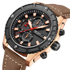 MEGIR 2119 men's chronograph watch, rose-gold case with black dial and brown leather strap, angled view