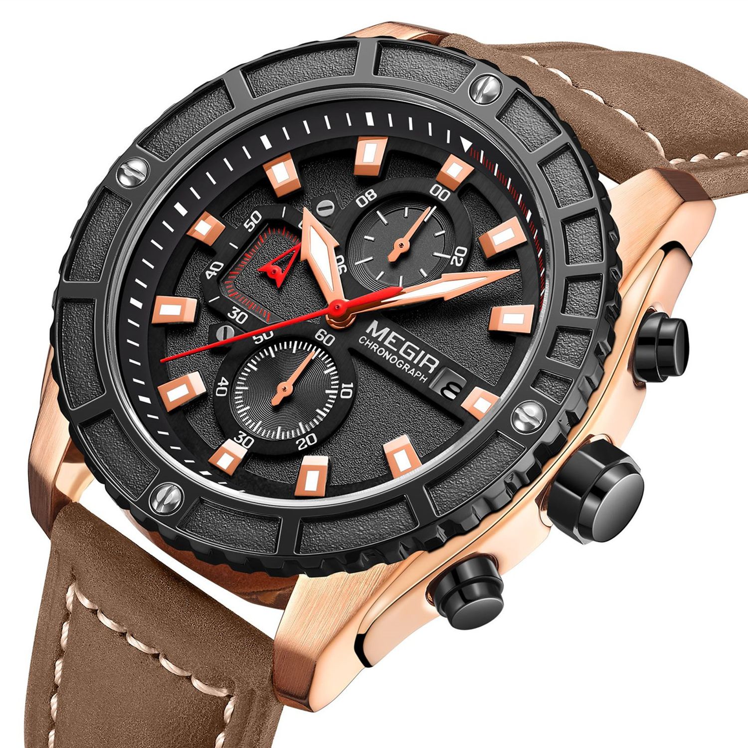 MEGIR 2119 men's chronograph watch, rose-gold case with black dial and brown leather strap, angled view