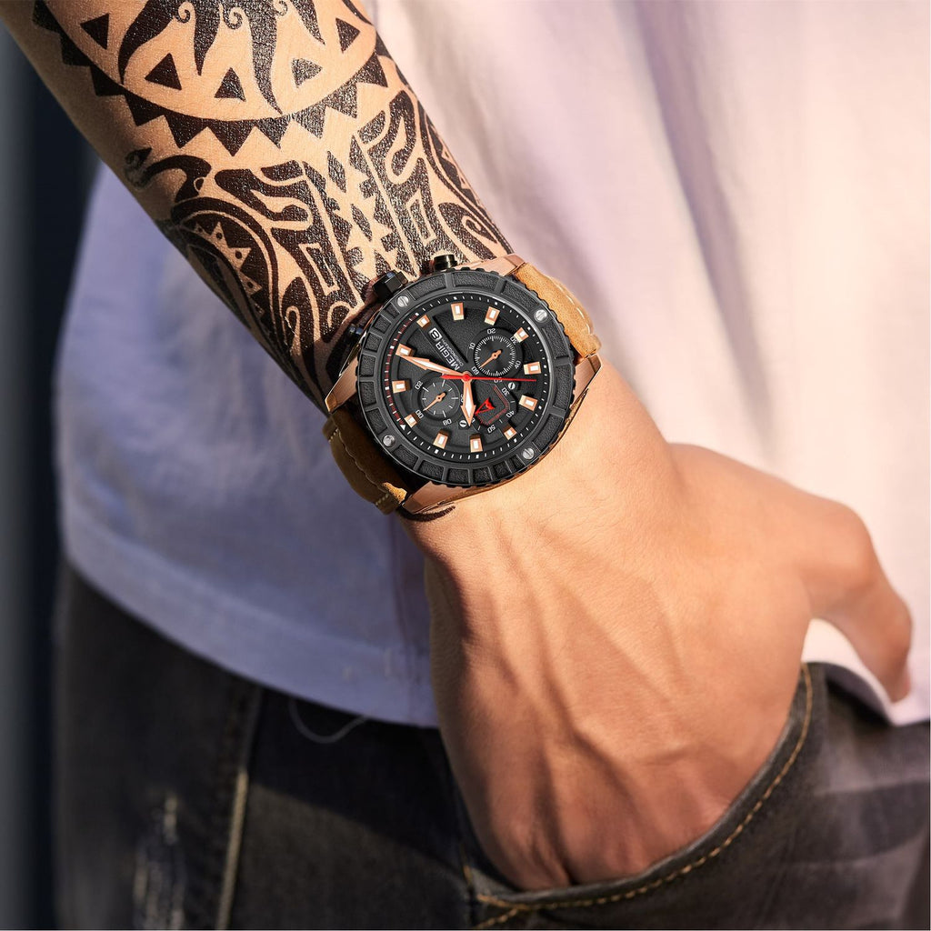 MEGIR 2119 men's chronograph watch on the wrist, rose-gold case with black dial and brown leather strap