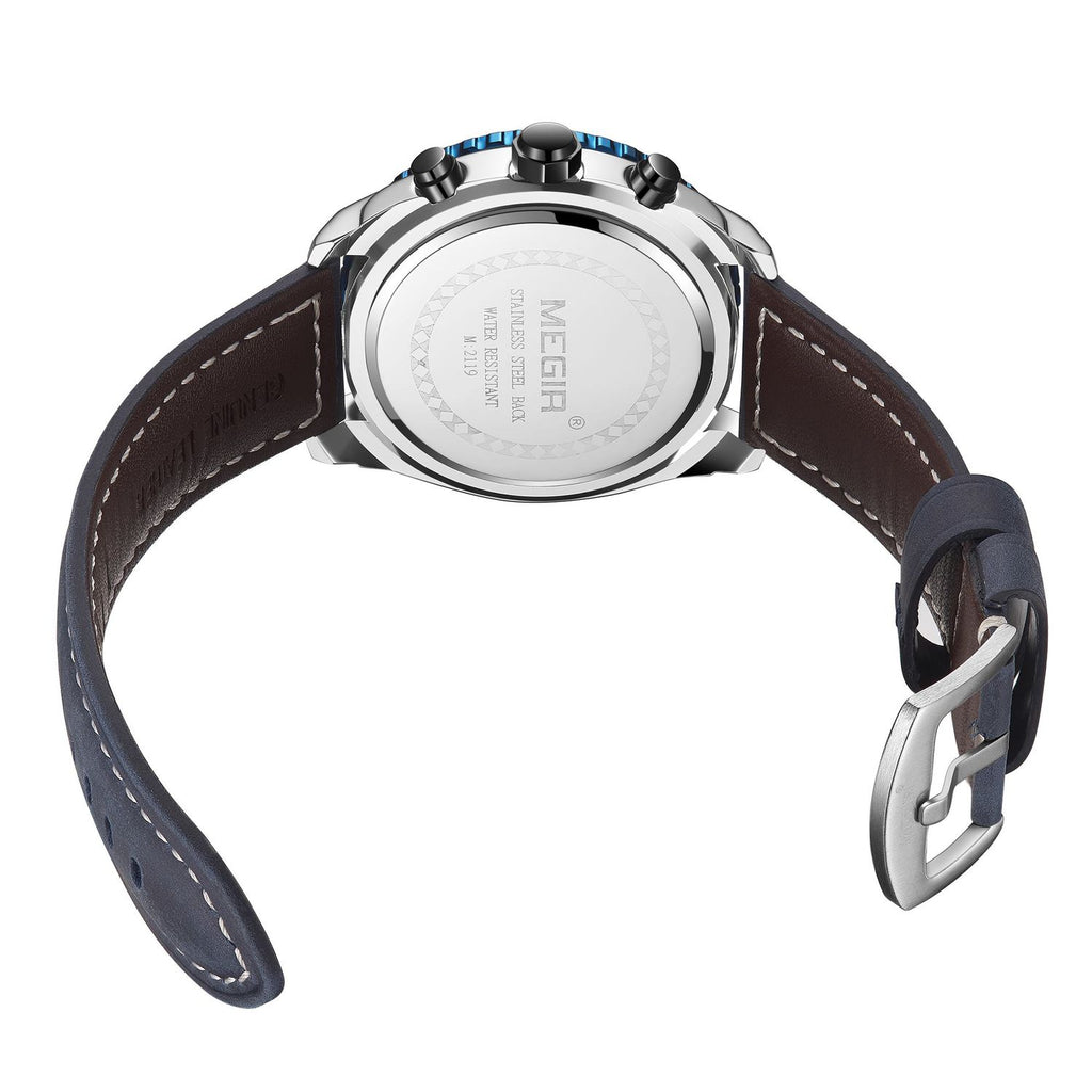 MEGIR 2119 men's chronograph watch caseback with engravings and blue leather strap with buckle