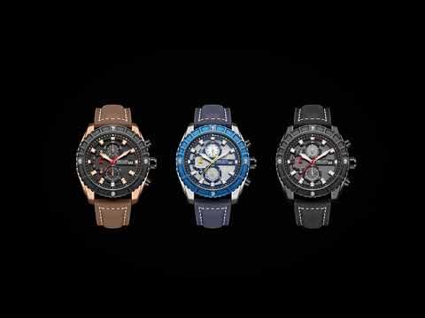 MEGIR 2119 men's chronograph watch shown in rose-gold, blue and black colourways with leather straps