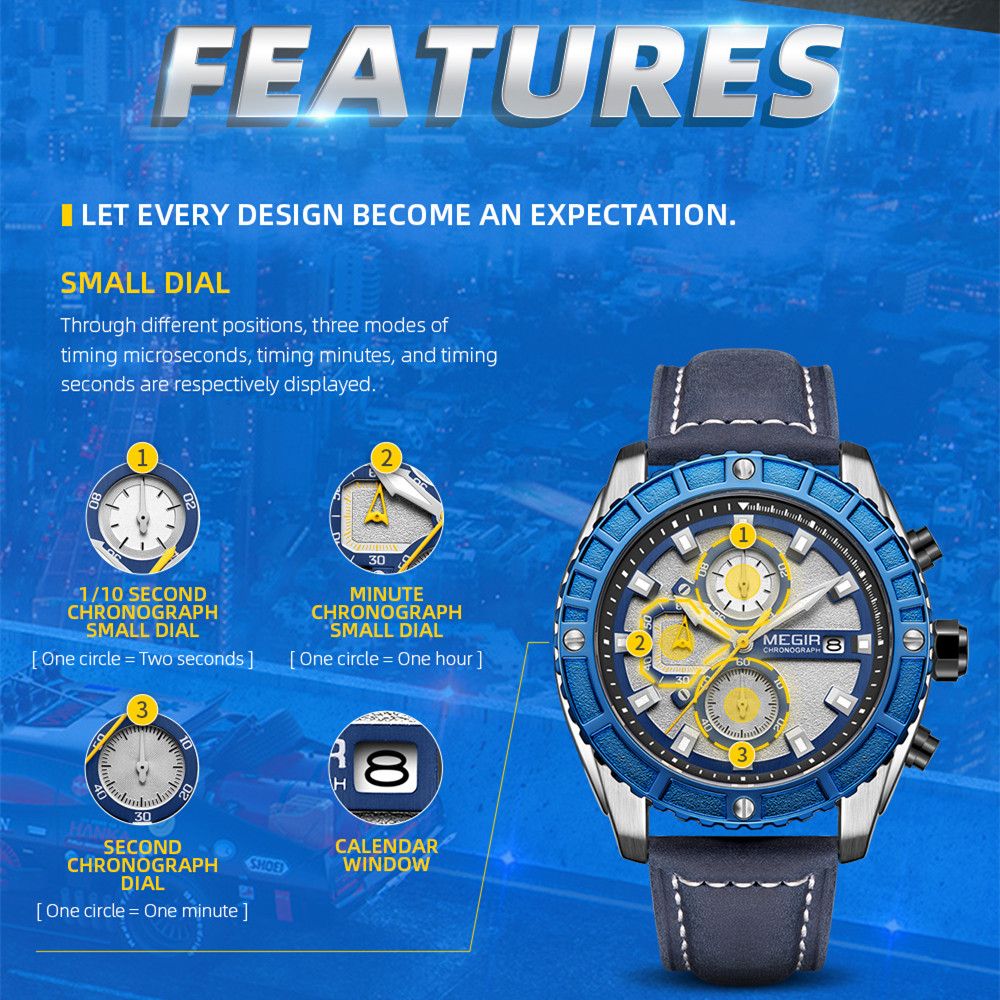 MEGIR 2119 men's chronograph watch feature graphic explaining the 1/10-second, minute and second chronograph sub-dials