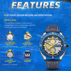 MEGIR 2119 men's chronograph watch feature graphic explaining the 1/10-second, minute and second chronograph sub-dials