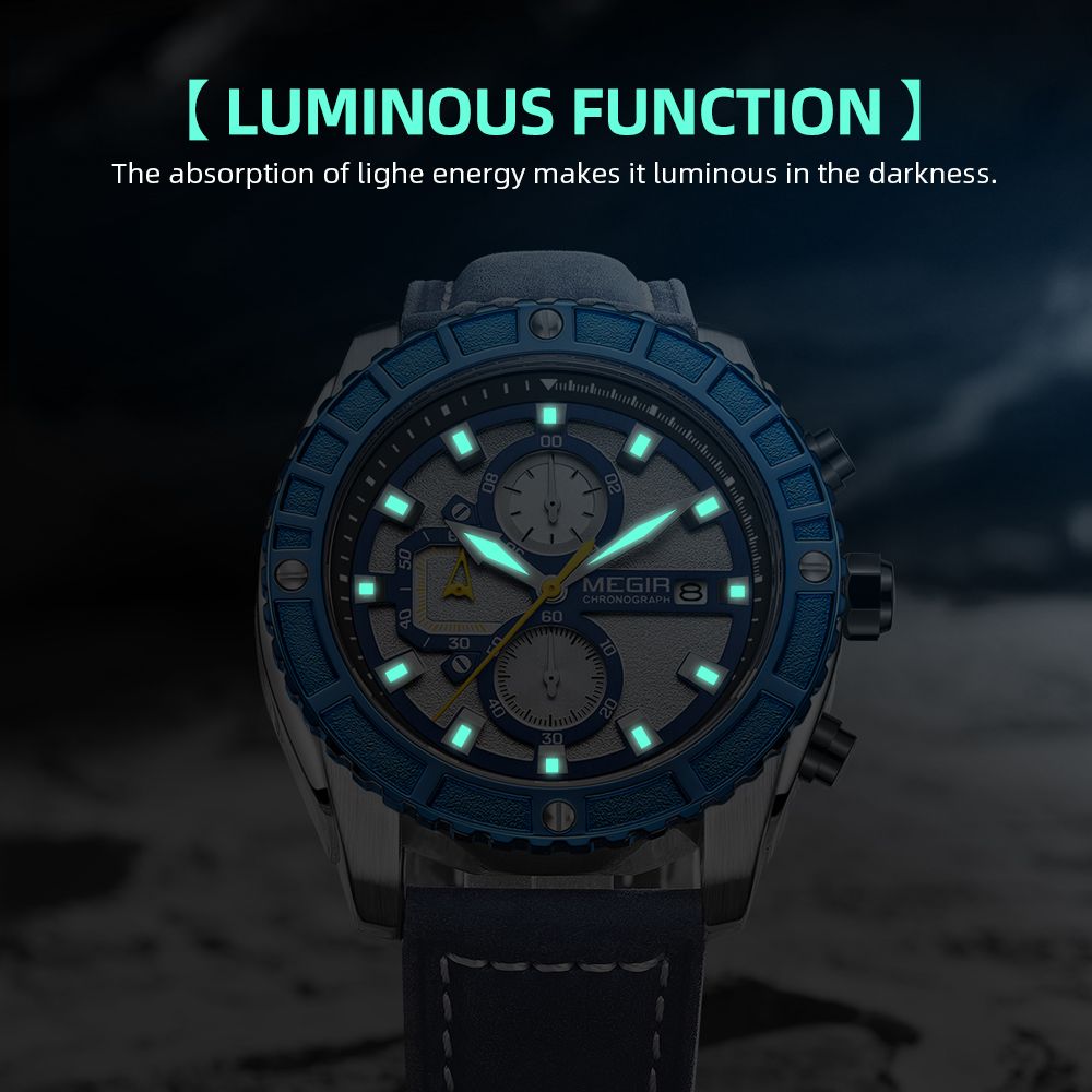 MEGIR 2119 men's chronograph watch feature graphic showing luminous hands and markers glowing in the dark