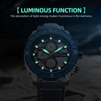 MEGIR 2119 men's chronograph watch feature graphic showing luminous hands and markers glowing in the dark