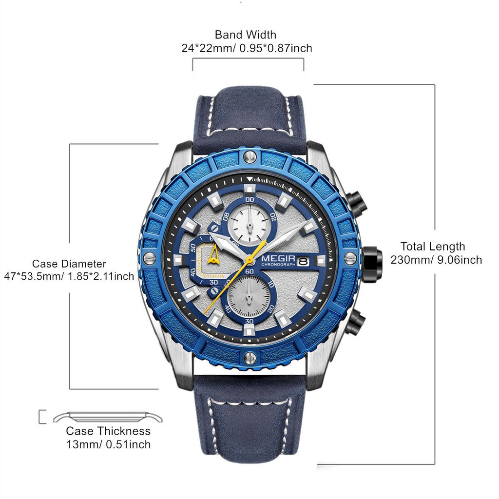 MEGIR 2119 men's chronograph watch parameters graphic with band width, case diameter and thickness