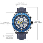 MEGIR 2119 men's chronograph watch parameters graphic with band width, case diameter and thickness