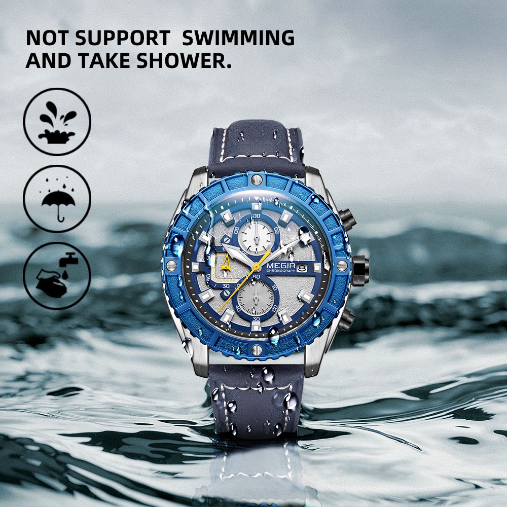 MEGIR 2119 men's chronograph watch water-resistance graphic noting no swimming or showering
