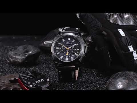 MEGIR 2128 men's chronograph watch product video thumbnail, black case with black dial and black leather strap