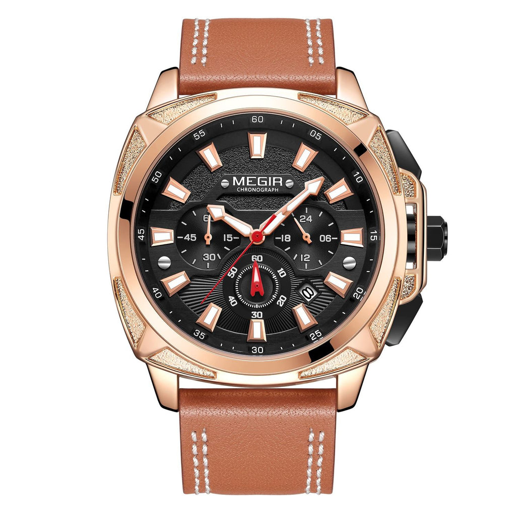 MEGIR 2128 men's chronograph watch, rose-gold case with black dial and brown leather strap, front studio view
