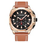 MEGIR 2128 men's chronograph watch, rose-gold case with black dial and brown leather strap, front studio view