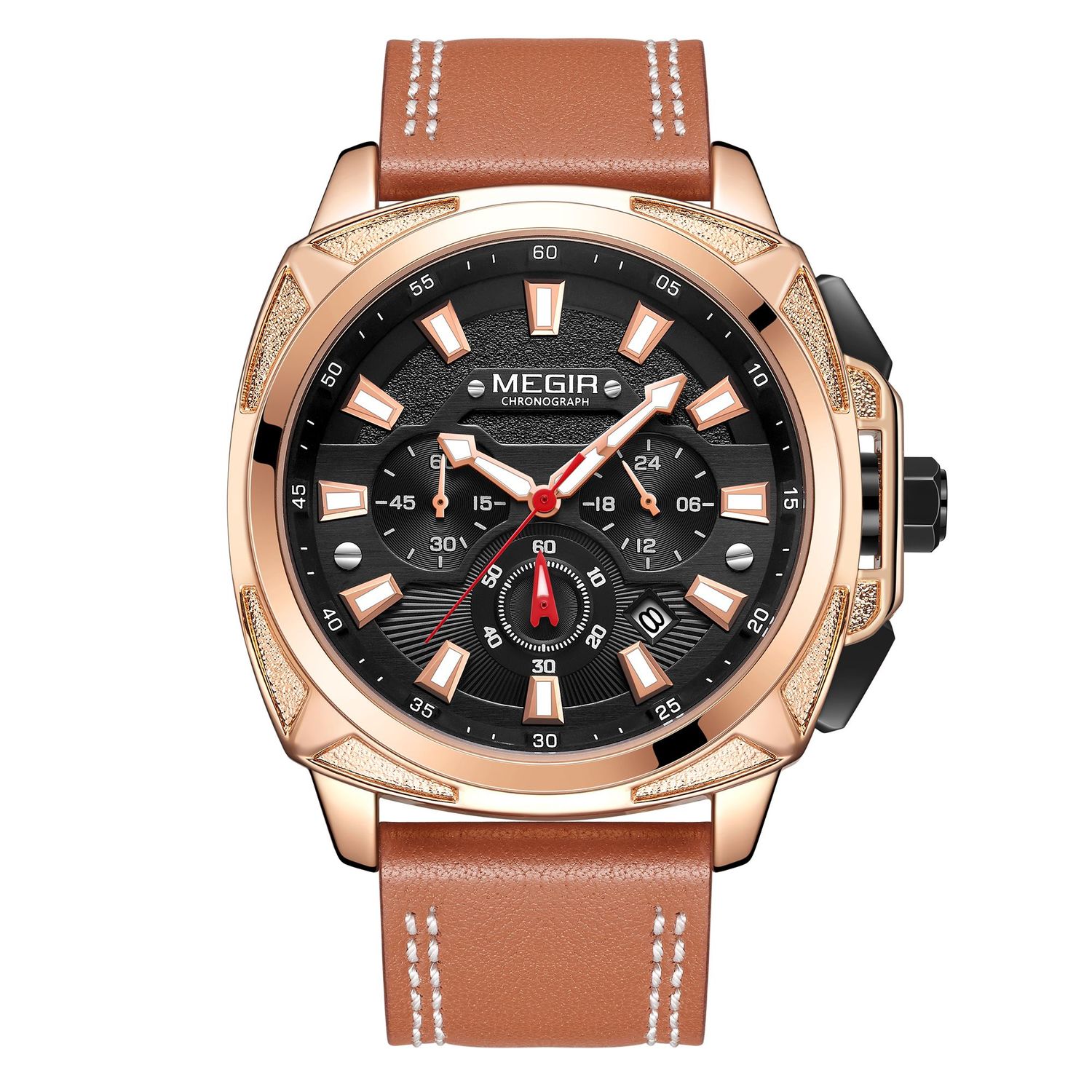 MEGIR 2128 men's chronograph watch, rose-gold case with black dial and brown leather strap, front studio view