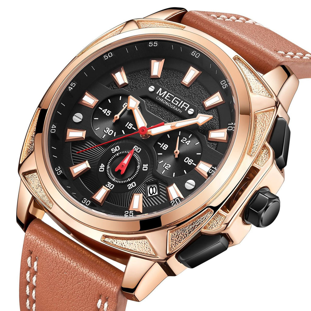 MEGIR 2128 men's chronograph watch, rose-gold case with black dial and brown leather strap, angled view