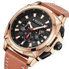 MEGIR 2128 men's chronograph watch, rose-gold case with black dial and brown leather strap, angled view