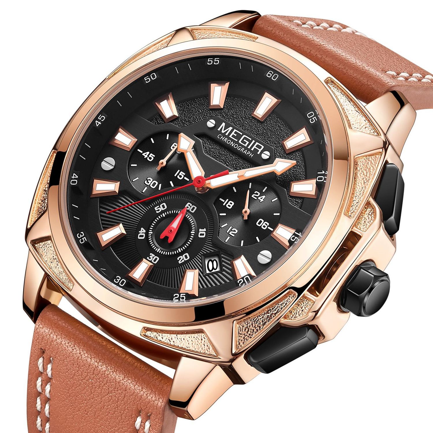 MEGIR 2128 men's chronograph watch, rose-gold case with black dial and brown leather strap, angled view