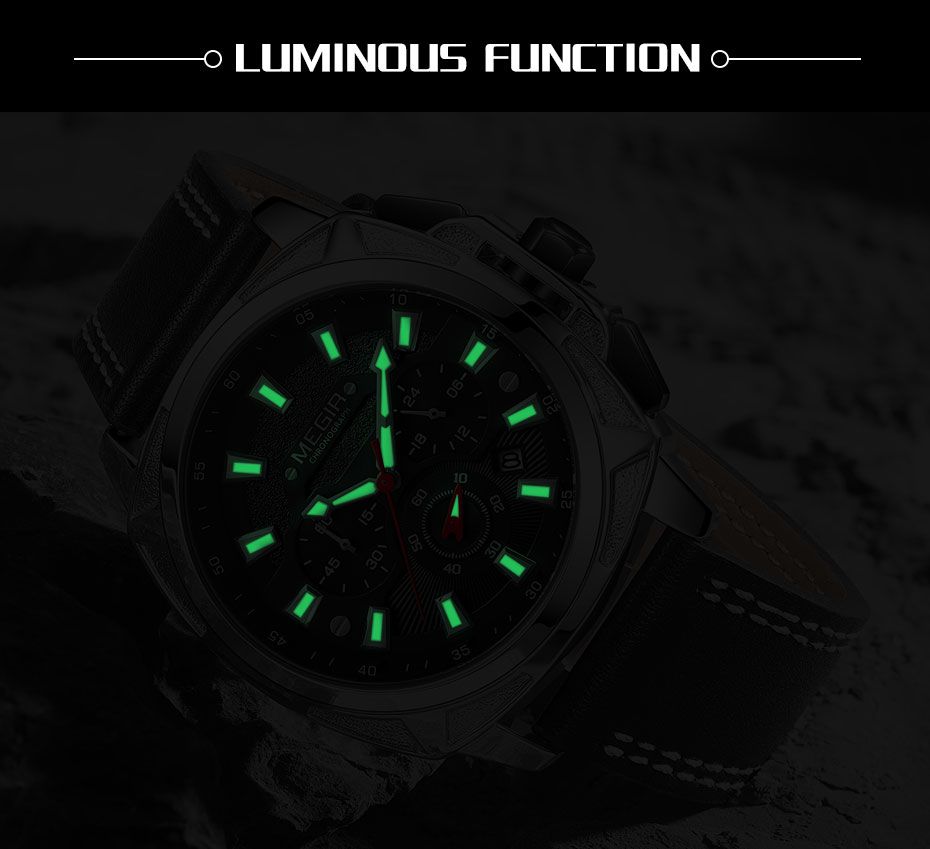 MEGIR 2128 men's chronograph watch feature graphic showing luminous hands and markers glowing in the dark