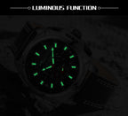 MEGIR 2128 men's chronograph watch feature graphic showing luminous hands and markers glowing in the dark