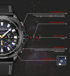 MEGIR 2128 men's chronograph watch operation graphic showing the start, calendar and reset buttons and crown