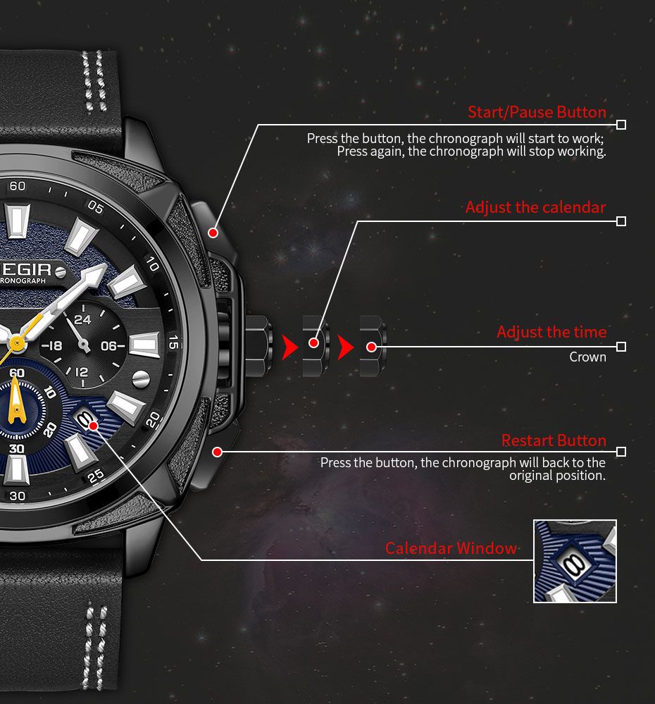 MEGIR 2128 men's chronograph watch operation graphic showing the start, calendar and reset buttons and crown