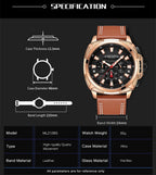 MEGIR 2128 men's chronograph watch specification graphic with case diameter, thickness and band length