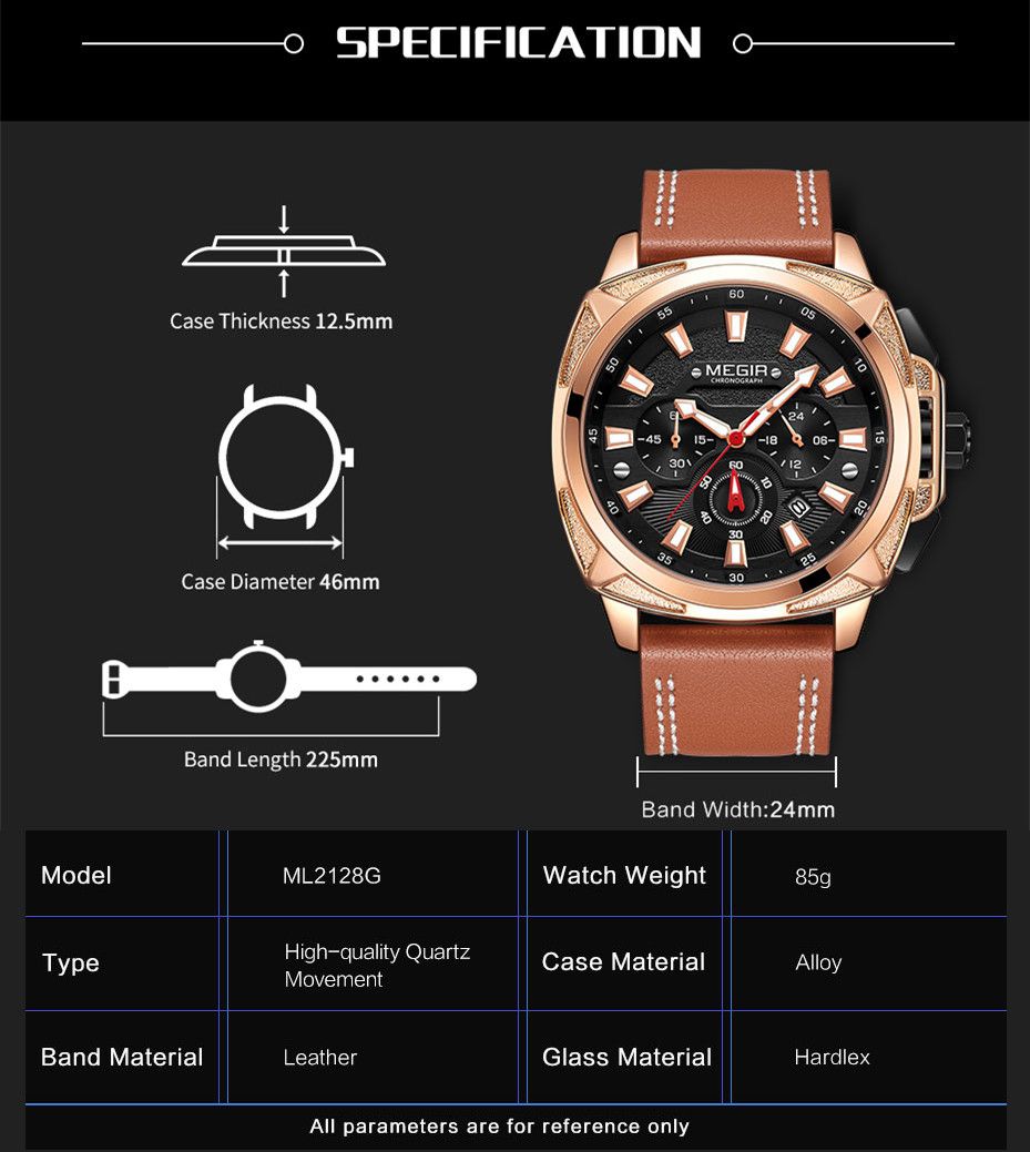 MEGIR 2128 men's chronograph watch specification graphic with case diameter, thickness and band length