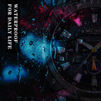MEGIR 2128 men's chronograph watch water-resistance graphic shown under water droplets in coloured light