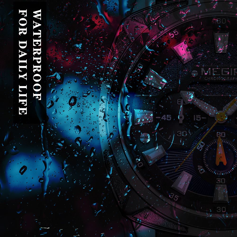 MEGIR 2128 men's chronograph watch water-resistance graphic shown under water droplets in coloured light