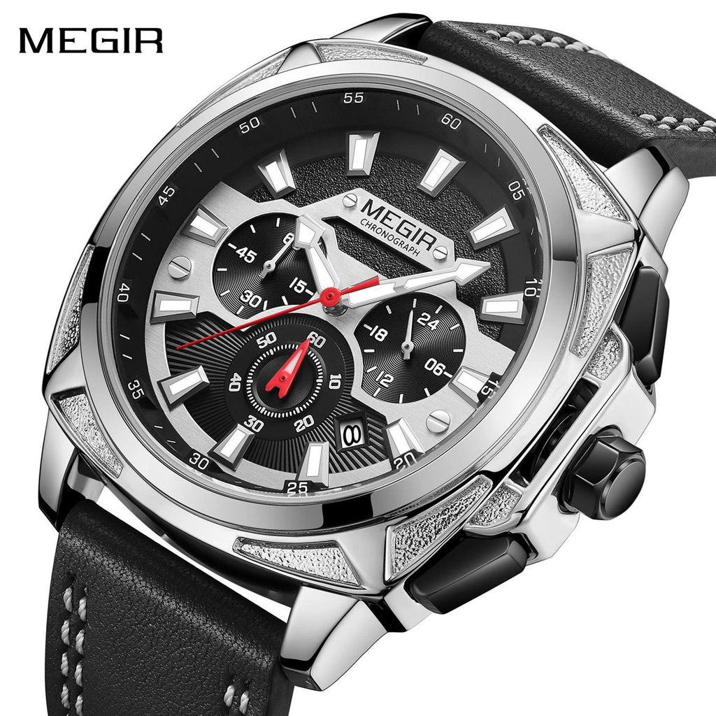 MEGIR 2128 men's chronograph watch, silver case with black dial and black leather strap, front view