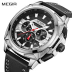 MEGIR 2128 men's chronograph watch, silver case with black dial and black leather strap, front view
