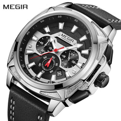 MEGIR 2128 men's chronograph watch, silver case with black dial and black leather strap, front view
