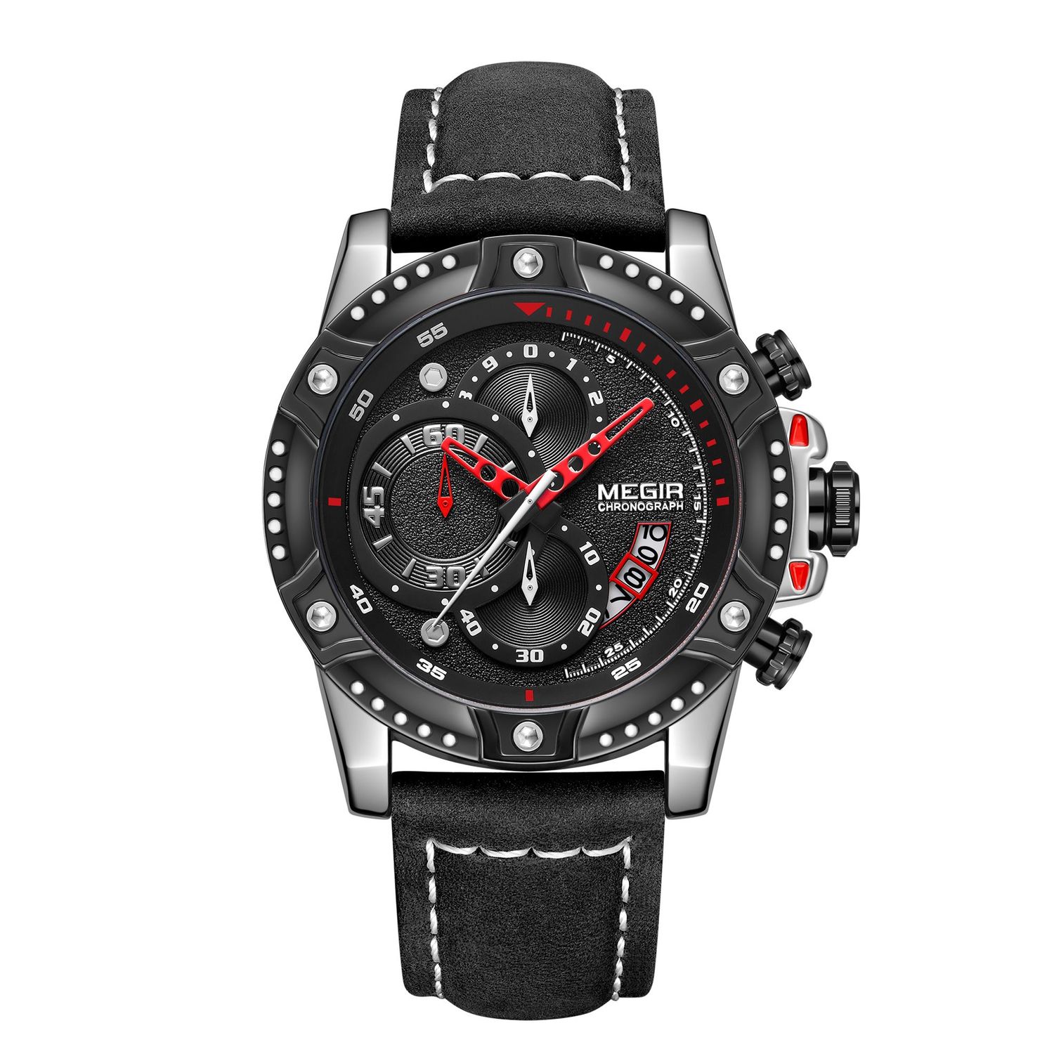 MEGIR 2130 men's chronograph watch, black case with black dial and black leather strap, front studio view